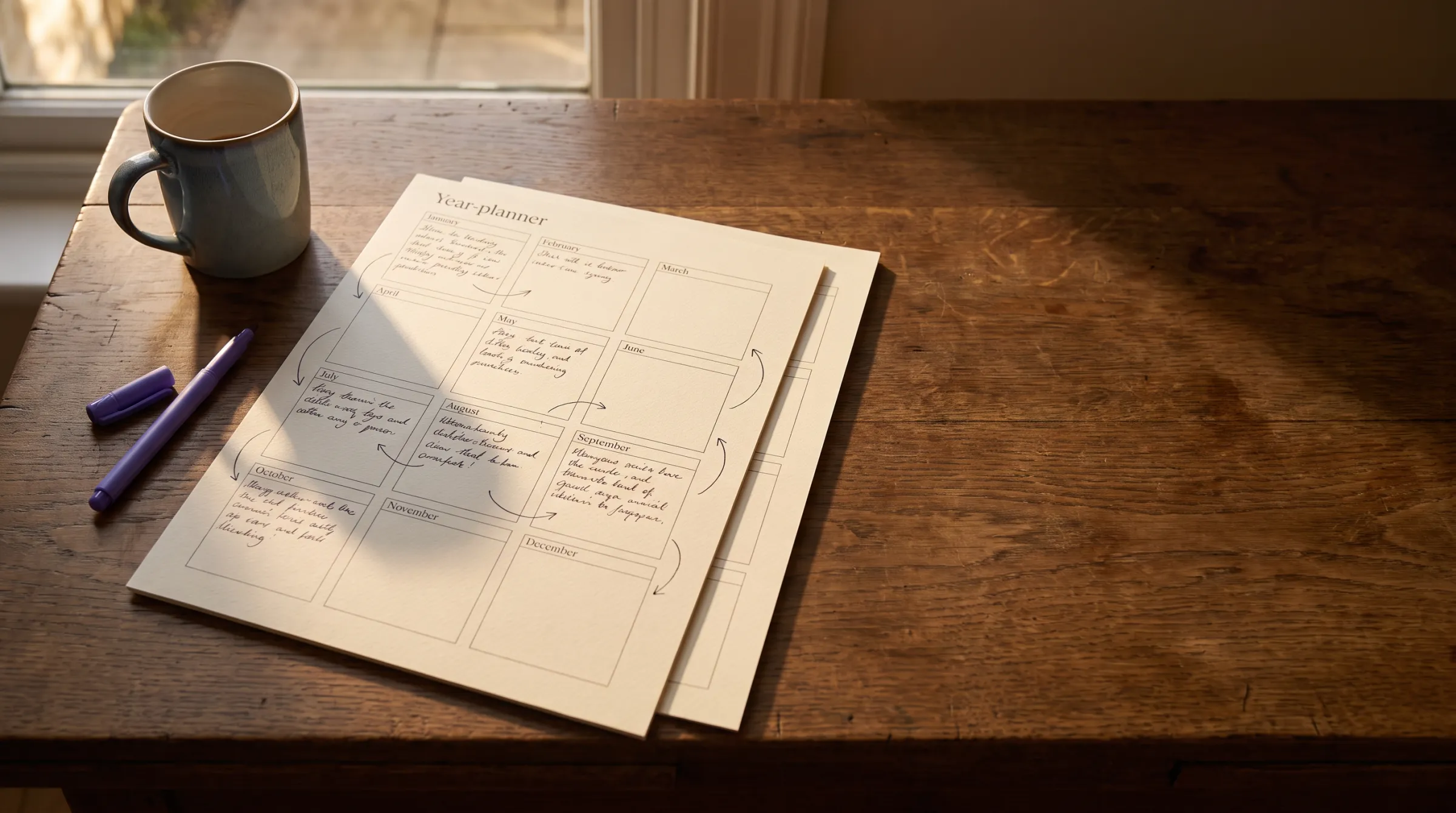 Handschriftlich gefüllter Jahresplan für 2027 auf einem Holztisch, daneben Kaffee und Stift. KI-generiert.